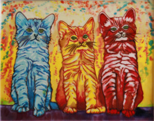 3 cats of handpianted ceramic tiles