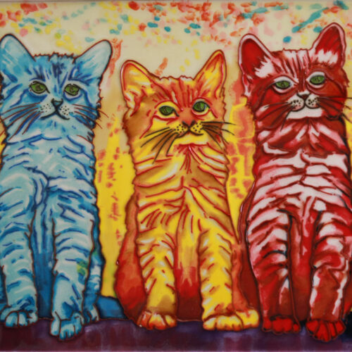 3 cats of handpianted ceramic tiles